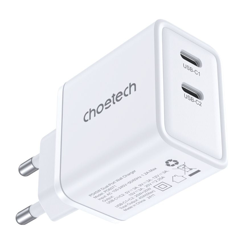 Choetech Dual USB-C ports PD 45W TH Plug -White