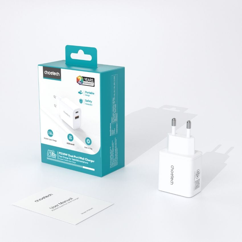Choetech Dual USB-C ports PD 45W TH Plug -White