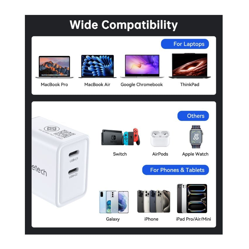 Choetech Dual USB-C ports PD 45W TH Plug -White