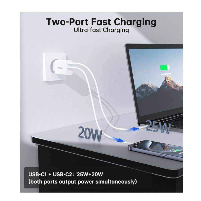 Choetech Dual USB-C ports PD 45W TH Plug -White