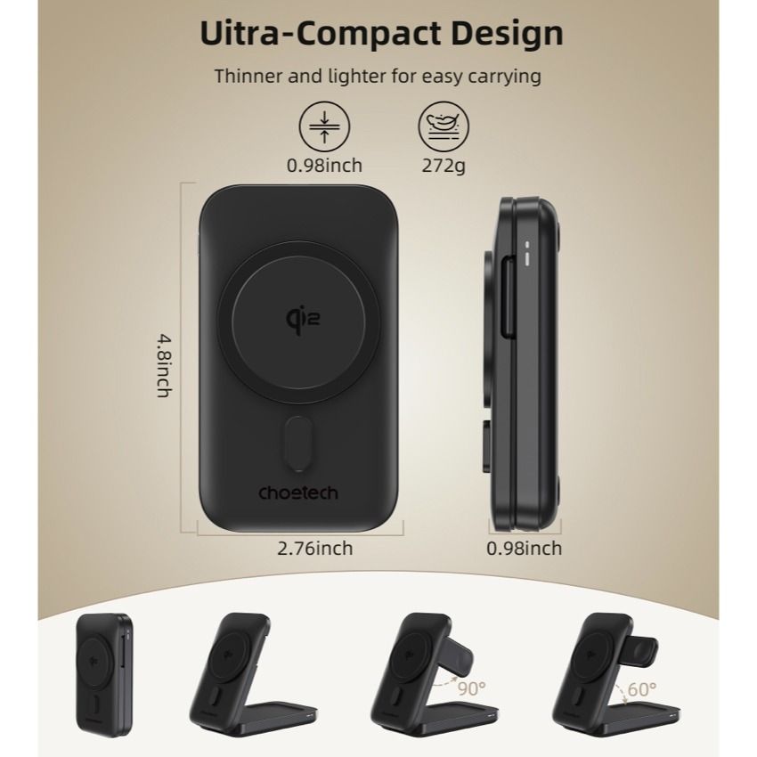 แท่นชาร์จไร้สาย Choetech Qi2 3 in 1 แบบพับได้ 15W - Black