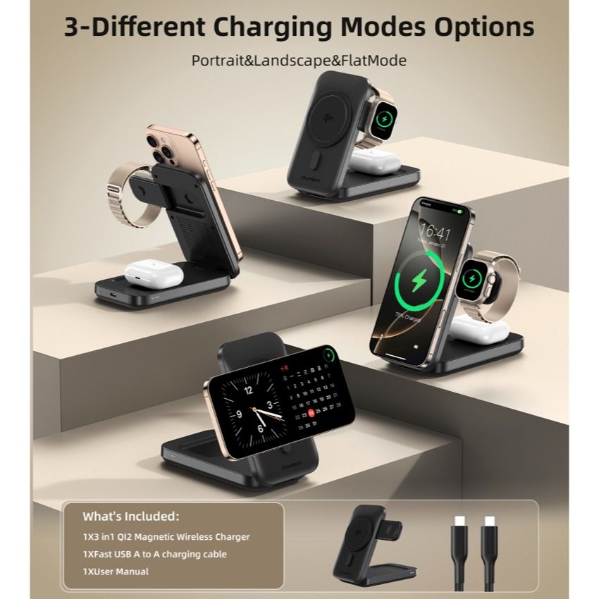 แท่นชาร์จไร้สาย Choetech Qi2 3 in 1 แบบพับได้ 15W - Black