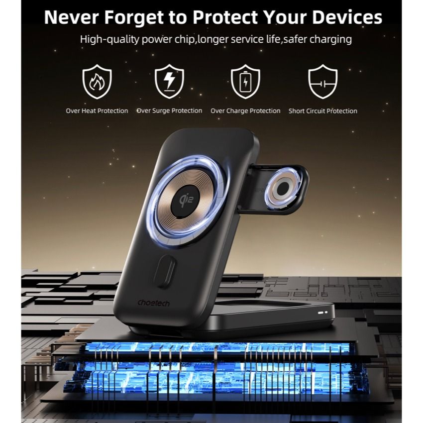 แท่นชาร์จไร้สาย Choetech Qi2 3 in 1 แบบพับได้ 15W - Black