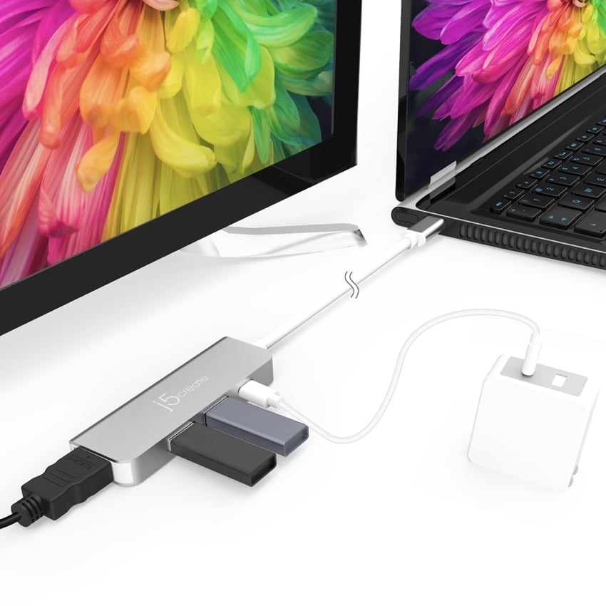 ฮับ USB-C แบบหลายพอร์ต J5 5-in-1 USB-C to 4K HDMI, 2-port USB-A 3.0 รองรับการชาร์จ Power Delivery