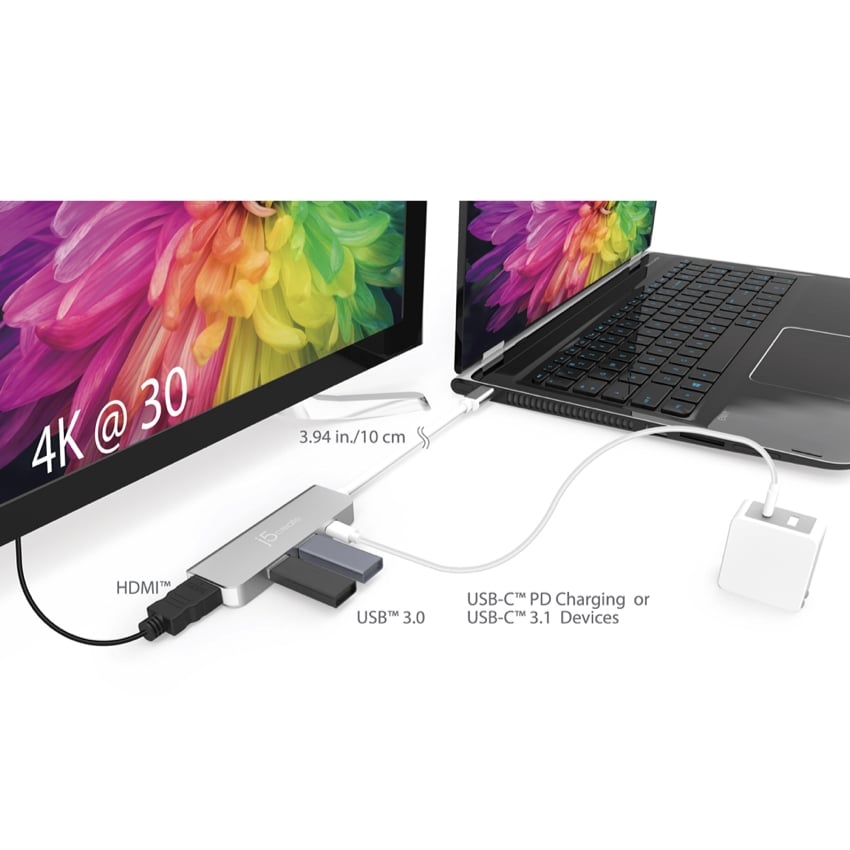 ฮับ USB-C แบบหลายพอร์ต J5 5-in-1 USB-C to 4K HDMI, 2-port USB-A 3.0 รองรับการชาร์จ Power Delivery