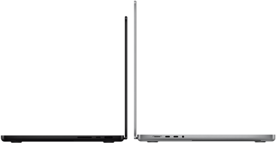 MacBook Pro รุ่น 14 นิ้ว และ 16 นิ้ว หันหลังชนกัน แสดงความแตกต่างของขนาดและเน้นให้เห็นตัวเครื่องที่บาง