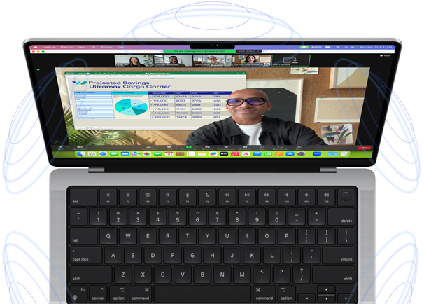MacBook Pro ที่มีรูปวงกลมสีฟ้าล้อมรอบเพื่อบ่งบอกถึงความรู้สึกแบบ 3D ของระบบเสียงตามตำแหน่ง และบนหน้าจอเป็นภาพของบุคคลหนึ่งที่ใช้คุณสมบัติการซ้อนทับของผู้นำเสนอในการประชุมแบบวิดีโอด้วยแอป Zoom เพื่อให้ตนเองอยู่หน้าคอนเทนต์ที่กำลังนำเสนอ