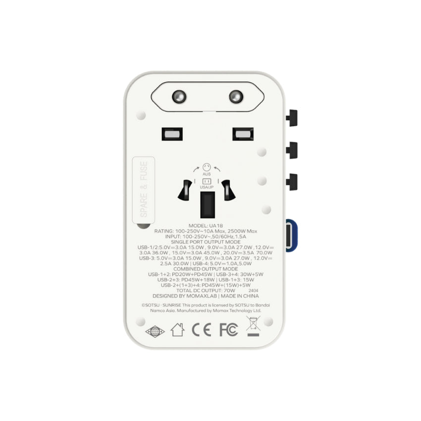 หัวชาร์จสำหรับเดินทาง Momax 1-World+ GaN 70W พร้อมสาย USB-C ในตัว (มี 3 พอร์ต) สี Gundam White