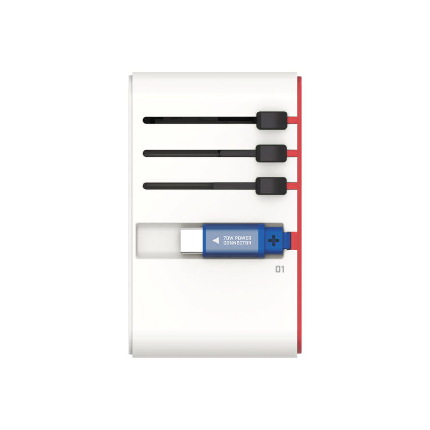 หัวชาร์จสำหรับเดินทาง Momax 1-World+ GaN 70W พร้อมสาย USB-C ในตัว (มี 3 พอร์ต) สี Gundam White