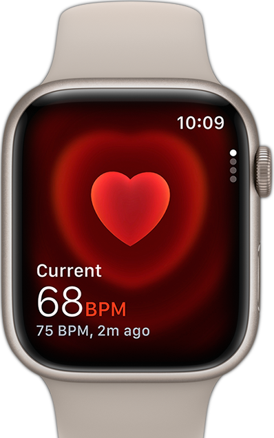 มุมมองด้านหน้าของ Apple Watch แสดงให้เห็นถึงอัตราการเต้นของหัวใจของคนคนหนึ่ง